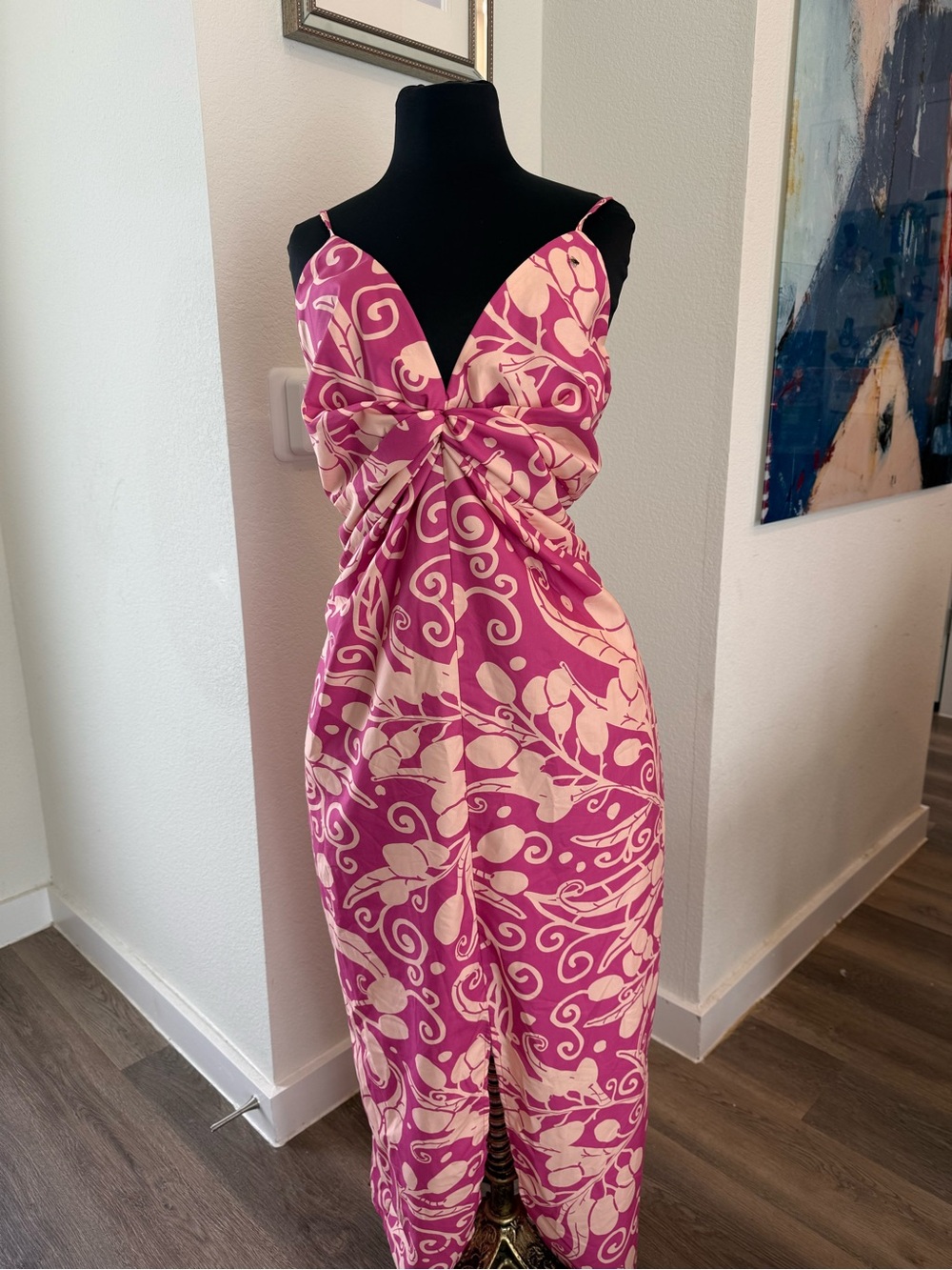 Pink Floral Twist-Front Maxi Dress with Adjustable Straps Tropical Vacay Cruise